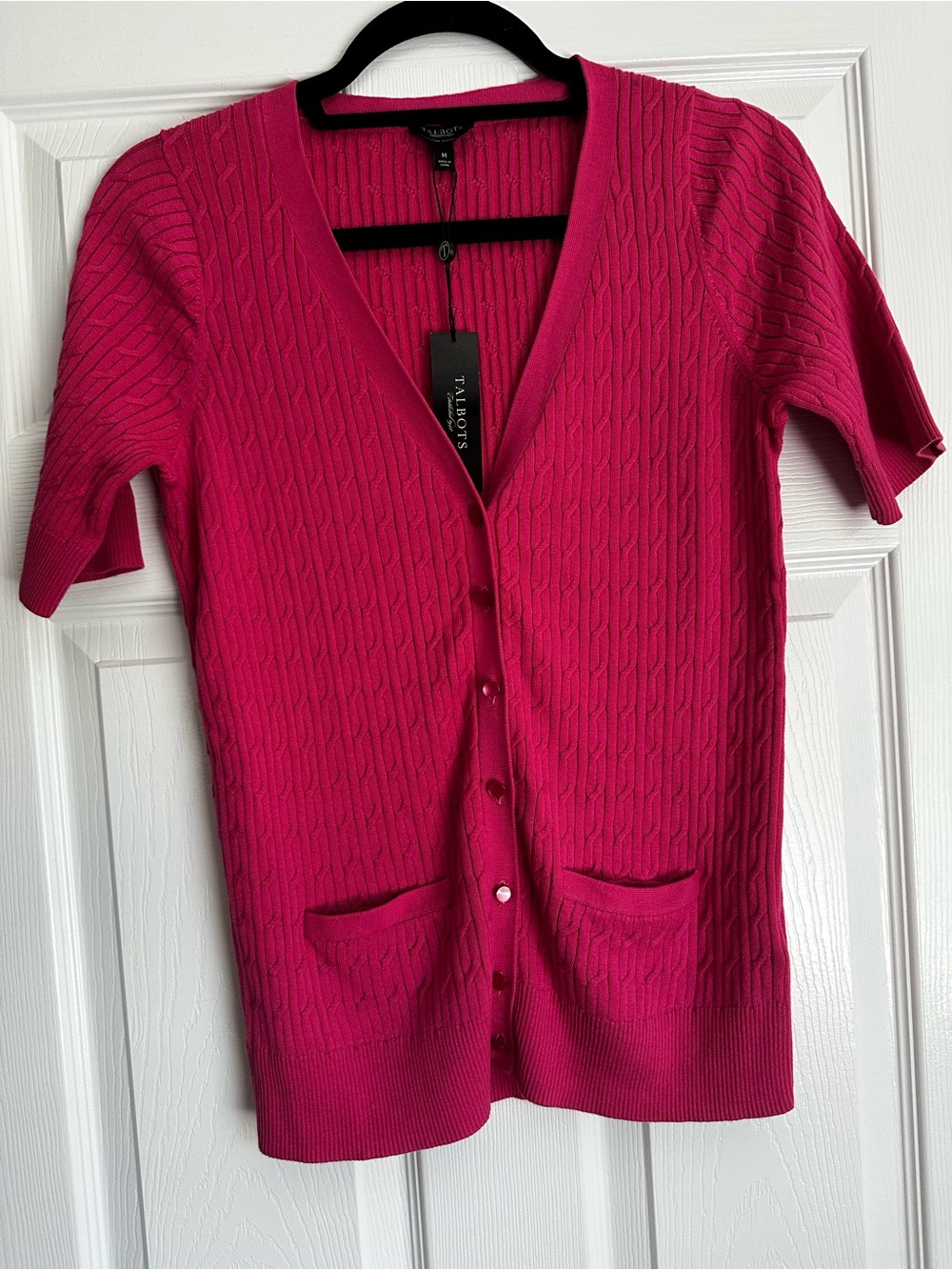 Talbots Hot Pink Short-Sleeve Cable Knit Cardigan